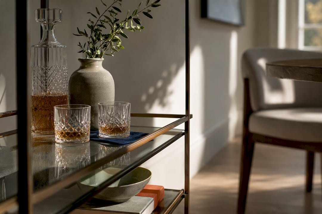 Styled three-tier bar cart in compact dining nook