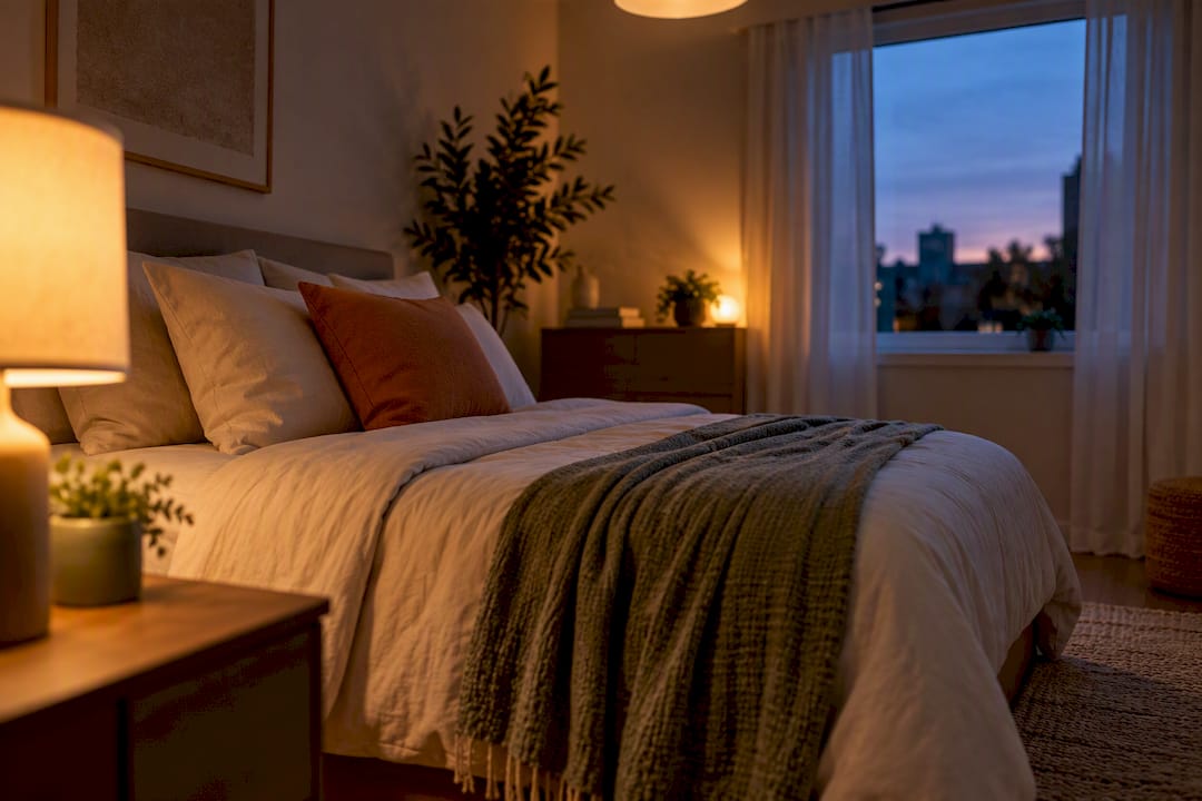 Layered lighting in a compact bedroom