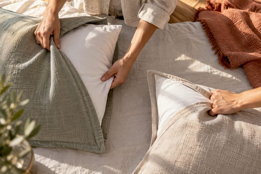 Hands fitting inserts into square and rectangular shams