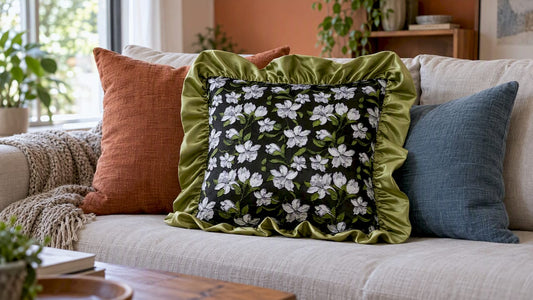 Layered designer pillows on contemporary sofa