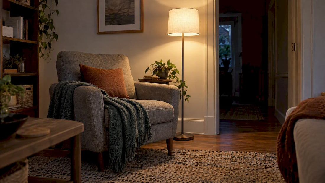 Floor lamp placed beside living room armchair