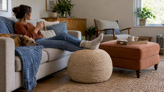 Ottoman and pouf used differently in sitting room