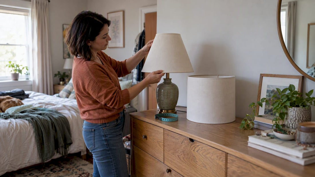 Homeowner comparing lamp shade proportions