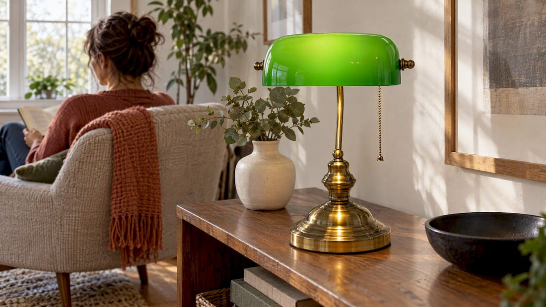 Vintage bank lamp styled on a console