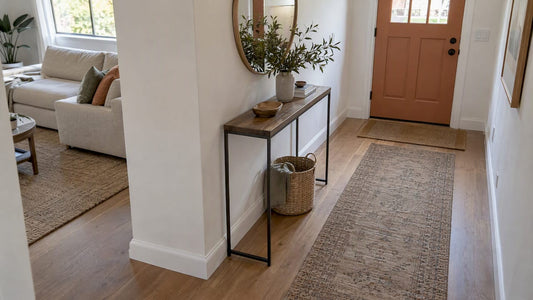 Console table beside a clear entryway path