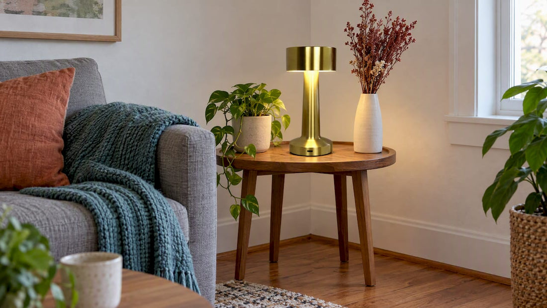 Rechargeable touch lamp lighting a rental corner