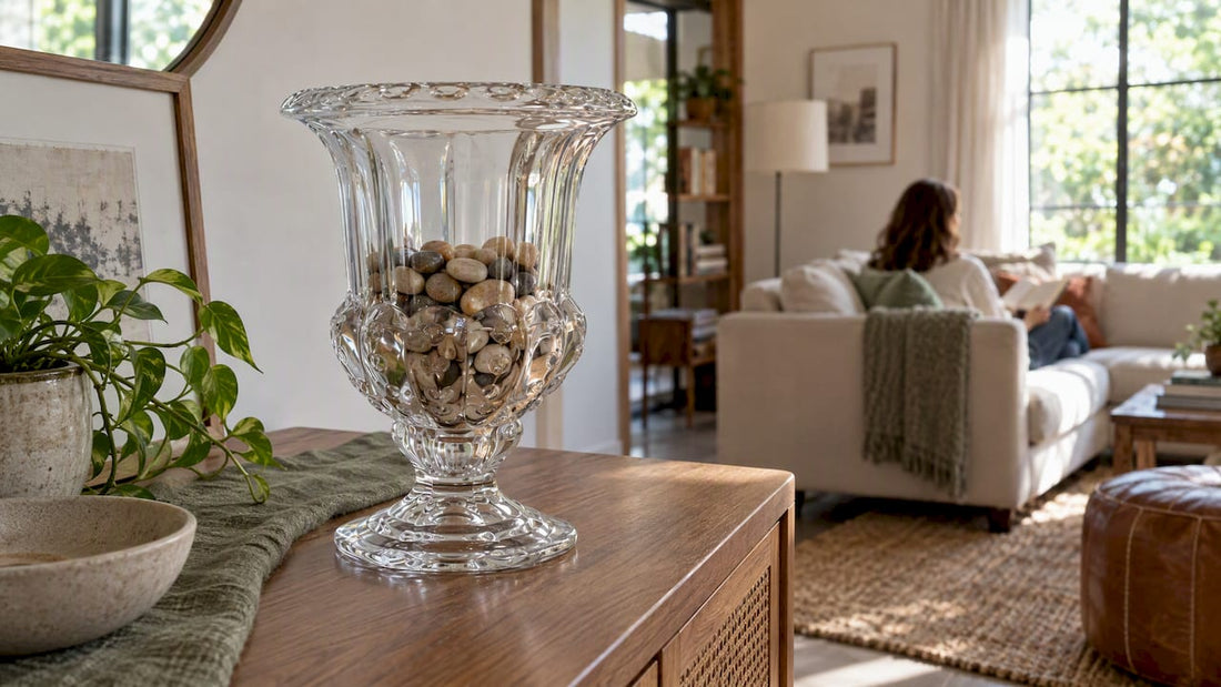 Clear vase displaying smooth pebble fillers