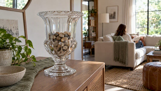 Clear vase displaying smooth pebble fillers