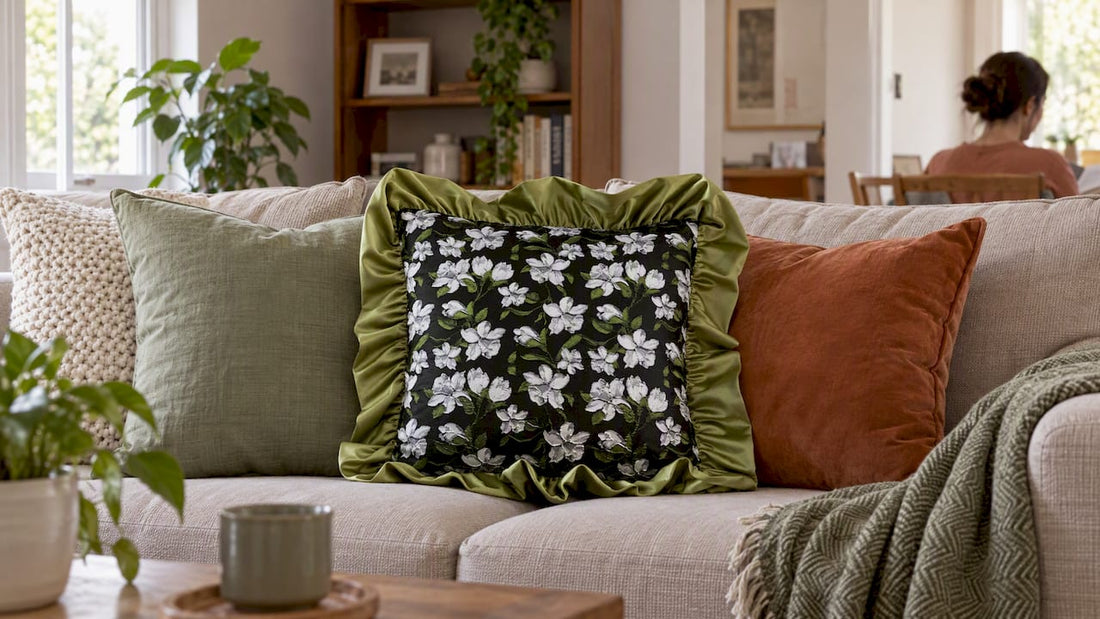 Noble Abode pillow styled on a sofa