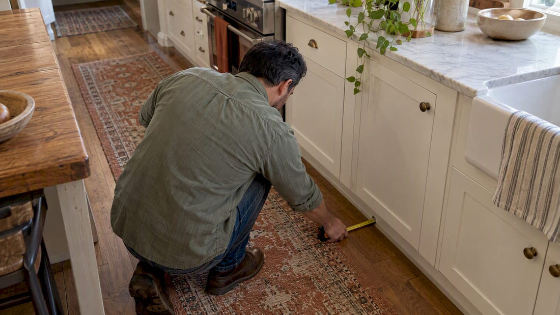 Runner positioned with floor clearance by cabinets