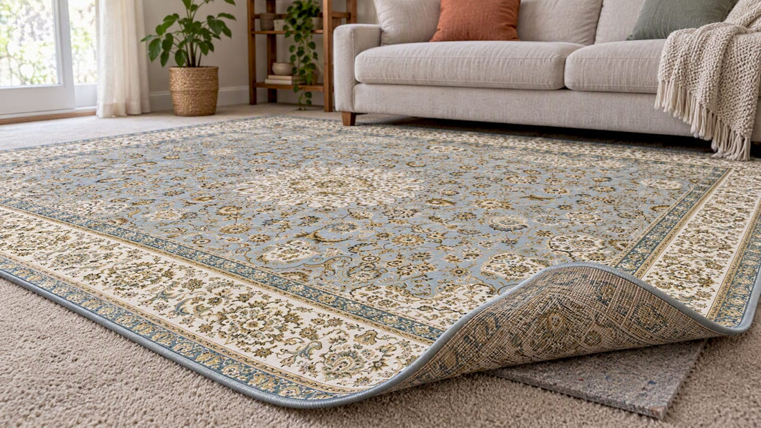 Baby-blue area rug layered over carpet