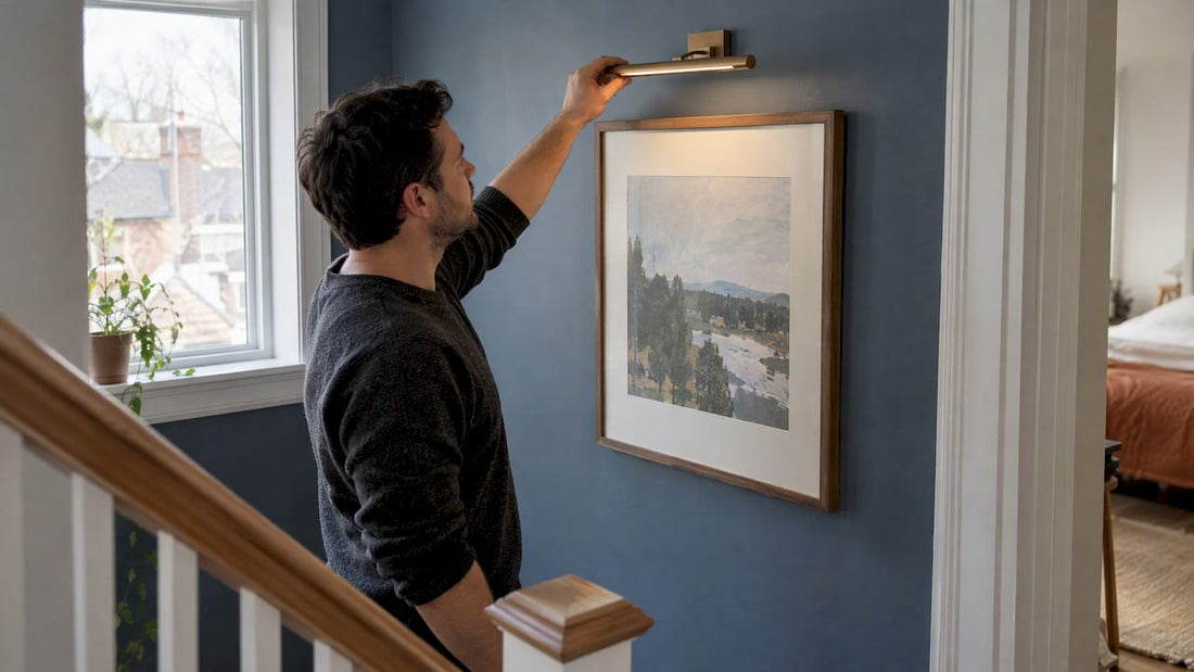 Renter aiming picture light over framed artwork