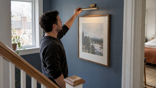 Renter aiming picture light over framed artwork