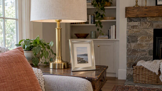Brass lamp and nickel frame in living room