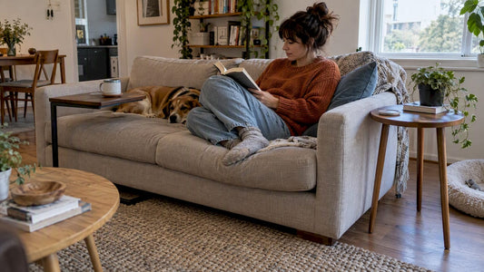 C table and side table beside a sofa