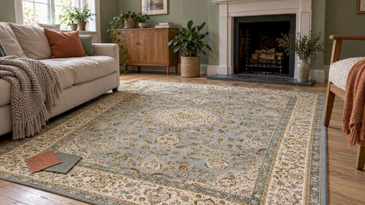 Baby-blue rug with color swatches in a living room