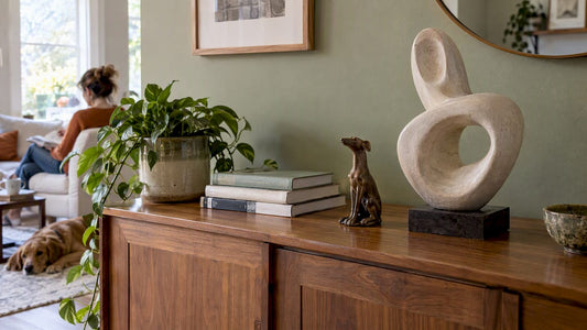 Small figurine beside larger abstract sculpture