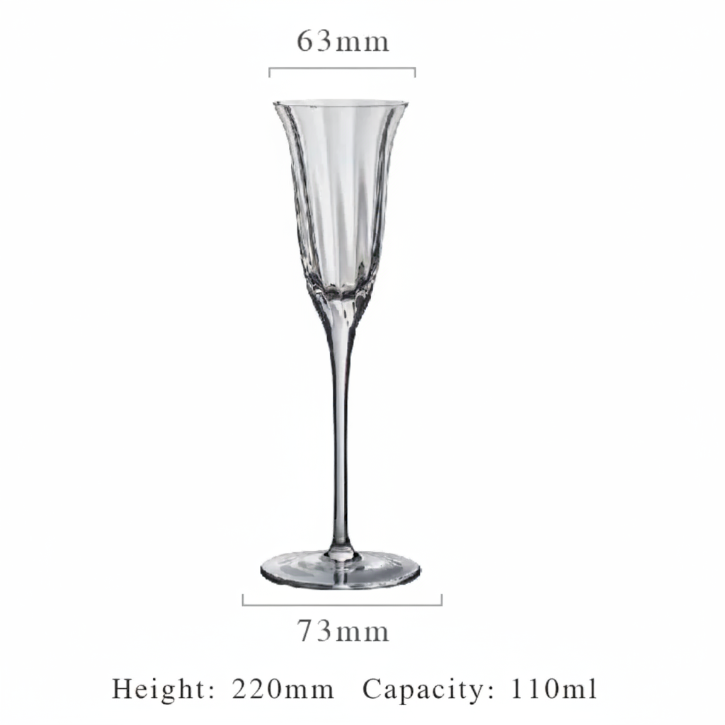 A clear stemmed glass with a flared bowl and circular base, shown on a white background with dimension labels reading 63mm across the bowl, 73mm across the base, and text below stating 220mm height and 110ml capacity.
