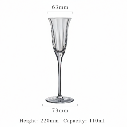 A clear stemmed glass with a flared bowl and circular base, shown on a white background with dimension labels reading 63mm across the bowl, 73mm across the base, and text below stating 220mm height and 110ml capacity.