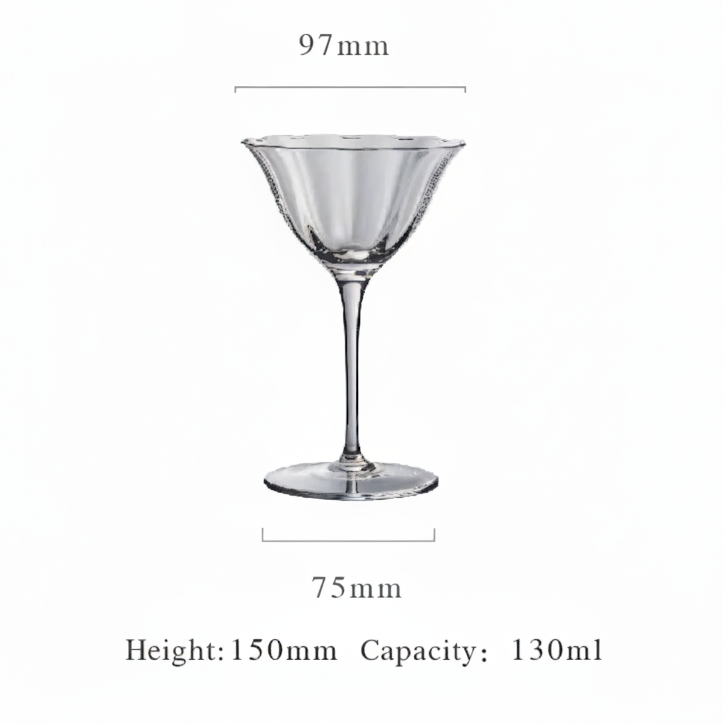 A clear stemmed cocktail glass centered on a white background, with measurement lines and text showing 97mm width at the rim, 75mm base width, 150mm height, and 130ml capacity.