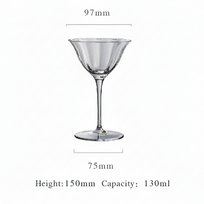 A clear stemmed cocktail glass centered on a white background, with measurement lines and text showing 97mm width at the rim, 75mm base width, 150mm height, and 130ml capacity.