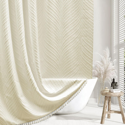 Siiluminisoy Beige Boho Shower Curtain Woven Fabric Cute Shower Curtain 72 x 72 Tufted Leaves Textured Striped Modern Farmhouse Minimalist Cloth Shower Curtain for Bathroom