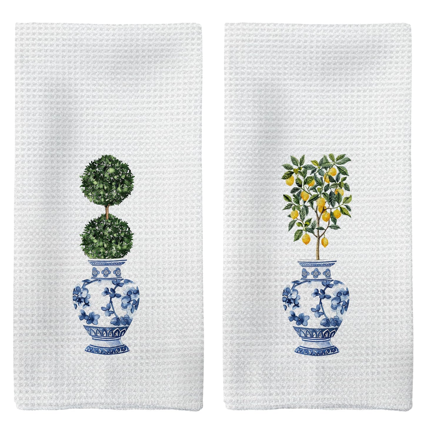 Dish/Hand Towels - Blue and White Porcelain Vase Design