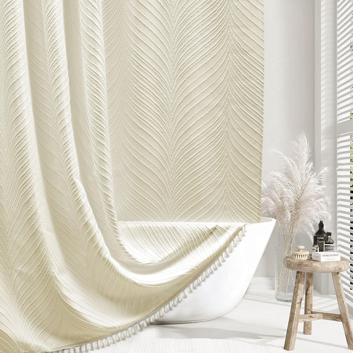 Siiluminisoy Beige Boho Shower Curtain Woven Fabric Cute Shower Curtain 72 x 72 Tufted Leaves Textured Striped Modern Farmhouse Minimalist Cloth Shower Curtain for Bathroom