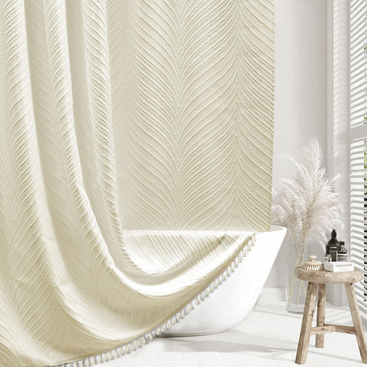 Beige Boho Woven Fabric Shower Curtain - 72 x 72 inches