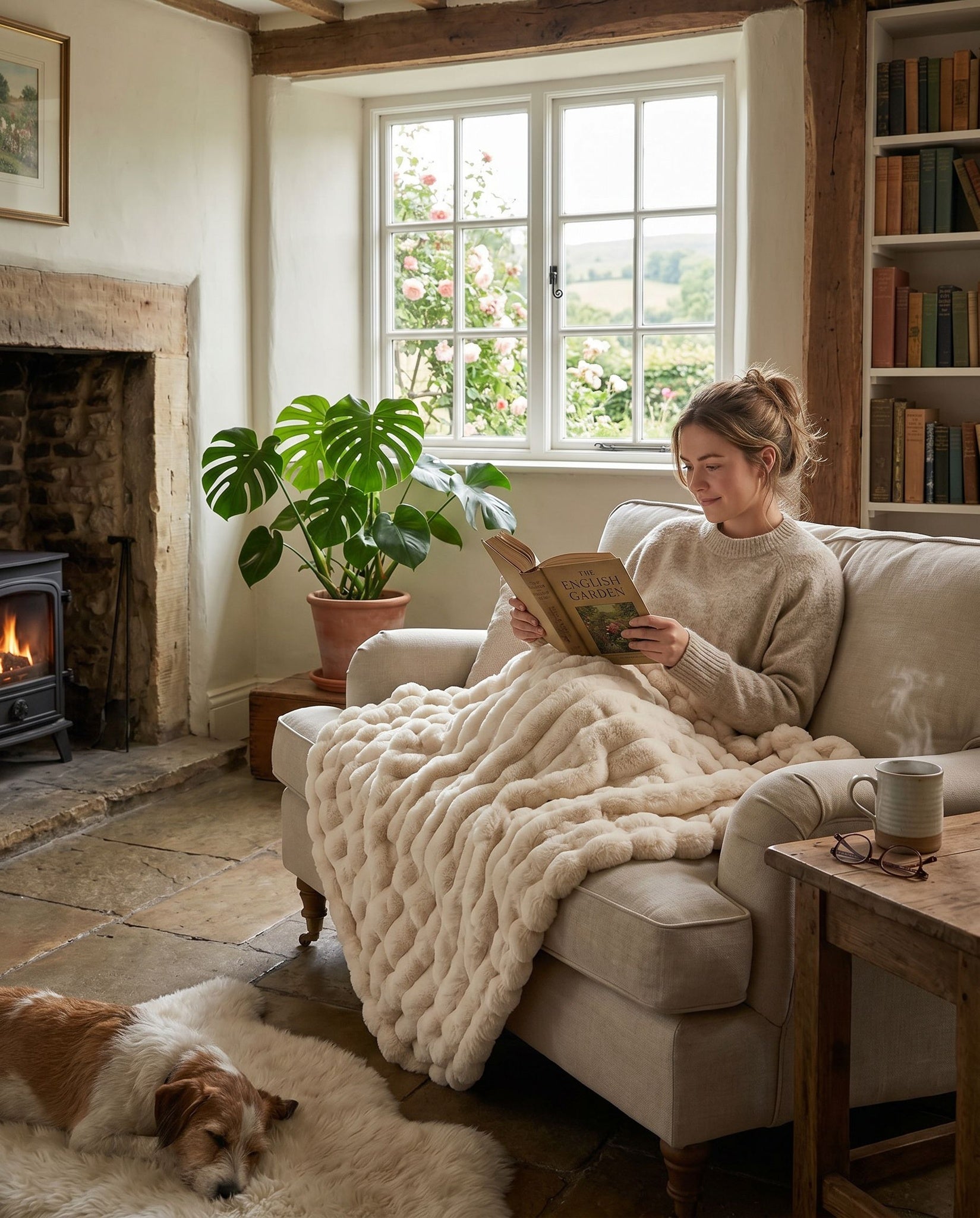 Woman reading a book on a cozy couch with a dog and plants in a warm living room.