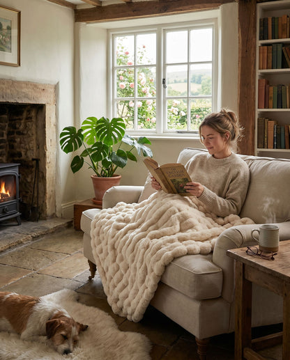 Woman reading a book on a cozy couch with a dog and plants in a warm living room.