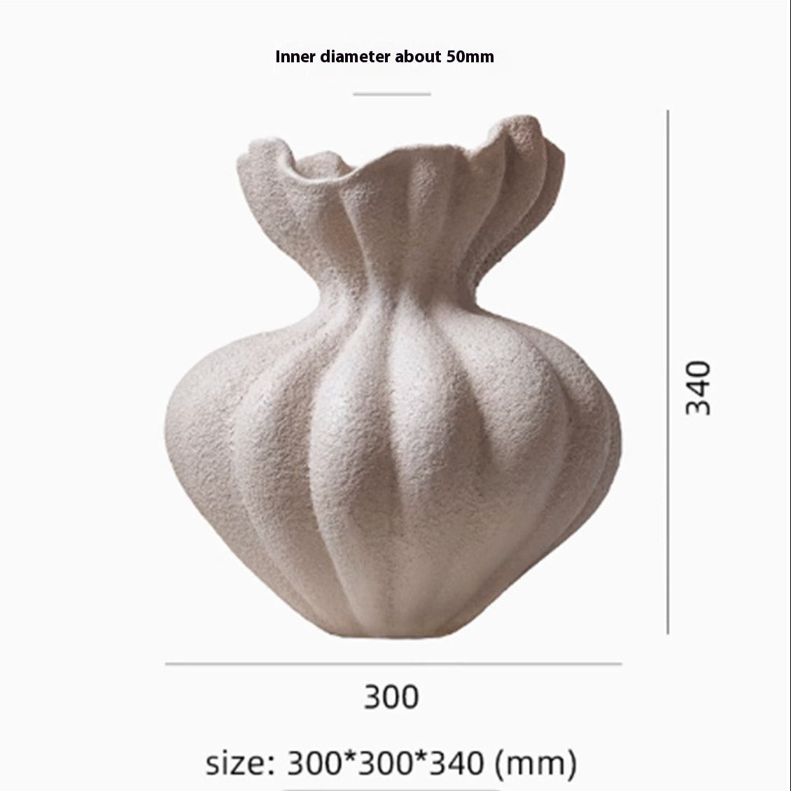 Beige decorative vase with measurements on a white background