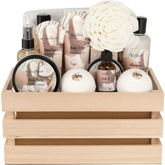 Set of beauty products including bottles, a bowl, and a flower in a wooden crate.