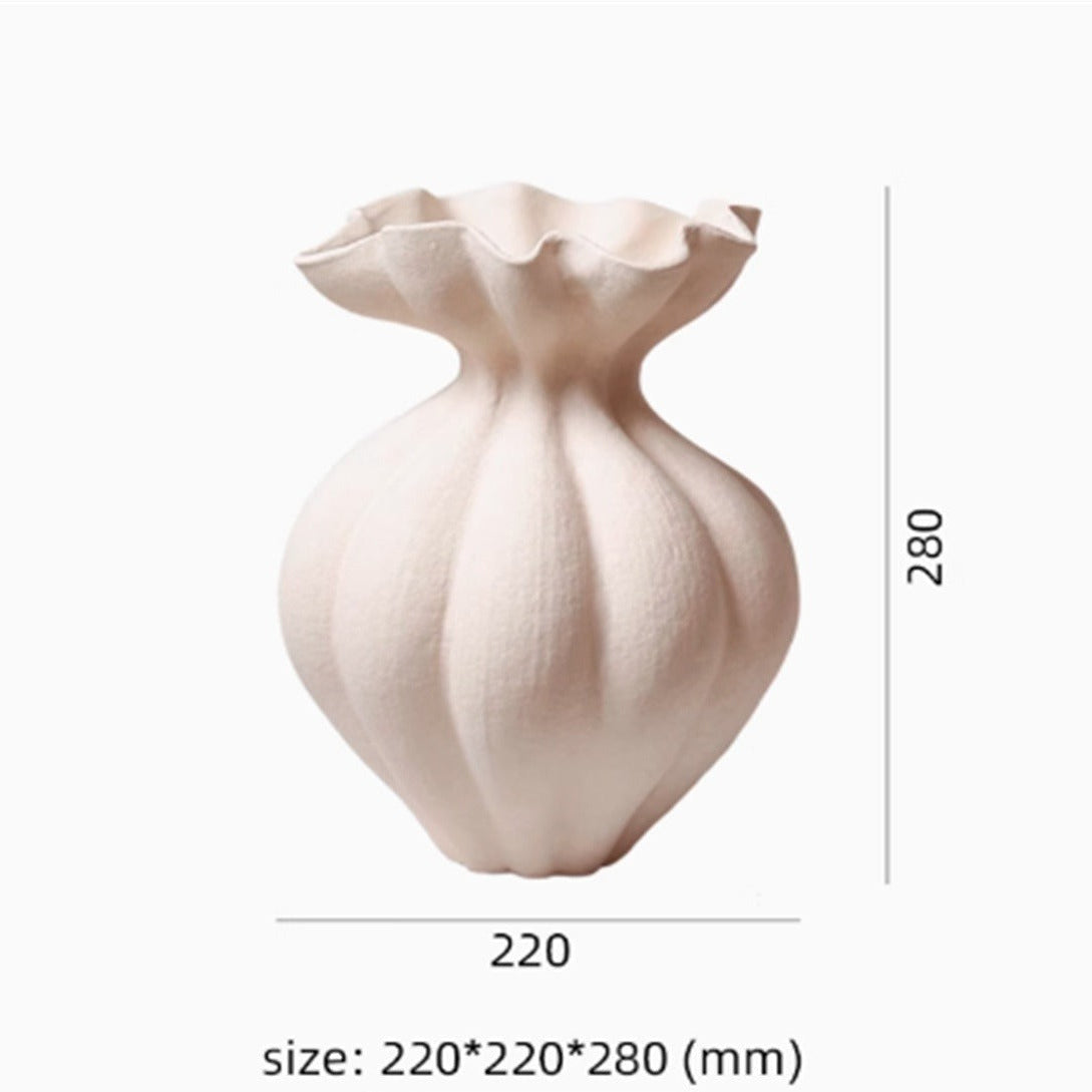 Beige ceramic vase with dimensions on a white background