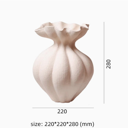 Beige ceramic vase with dimensions on a white background