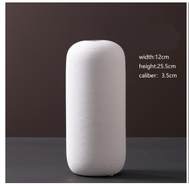 White textured vase on a dark background with measurements displayed.