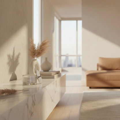 Candle on marble console table in luxury penthouse