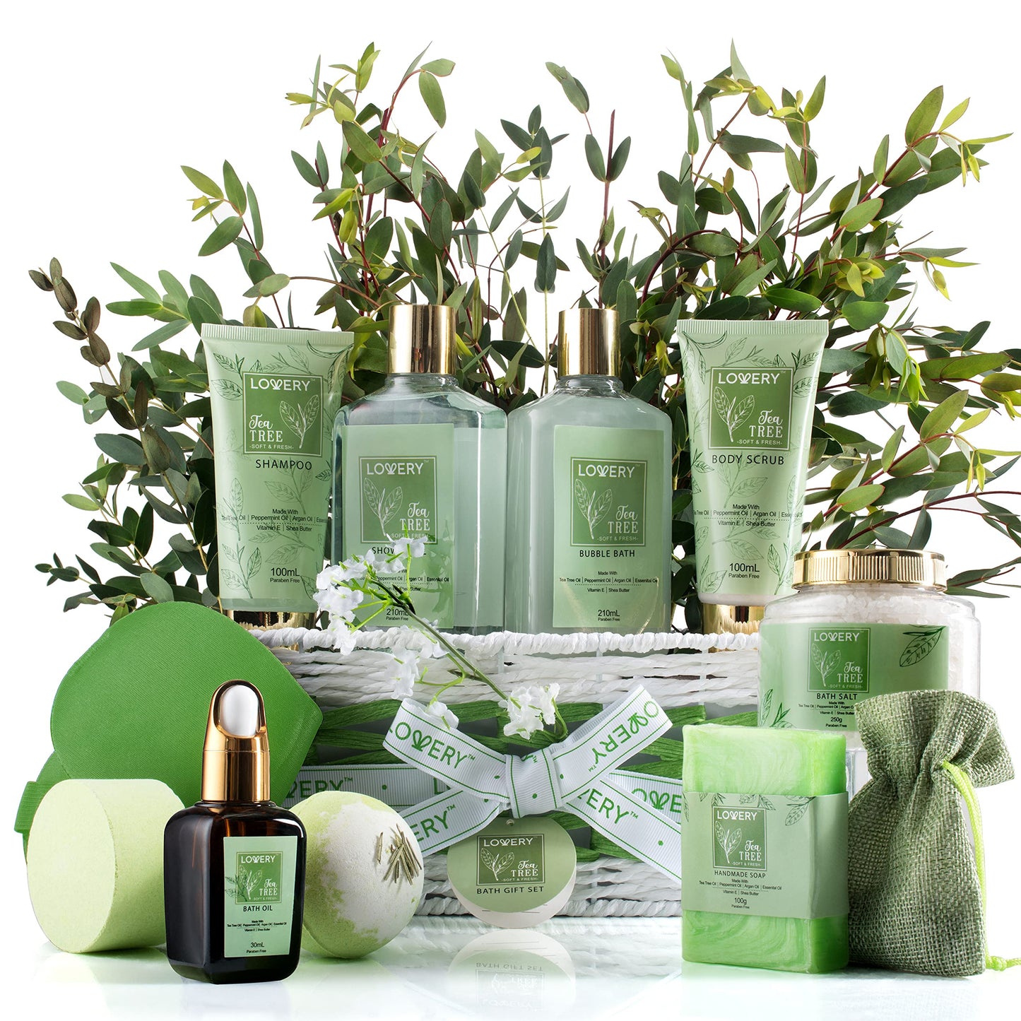 Tea Tree Bath Set - Luxury Home Spa Set with Calming Mint Fragrance – 15 pc Relaxation Gift Basket Tea Tree Bath OilShower Gel Bubble Bath Handmade Soap Steamer Tablet Potpourri & More