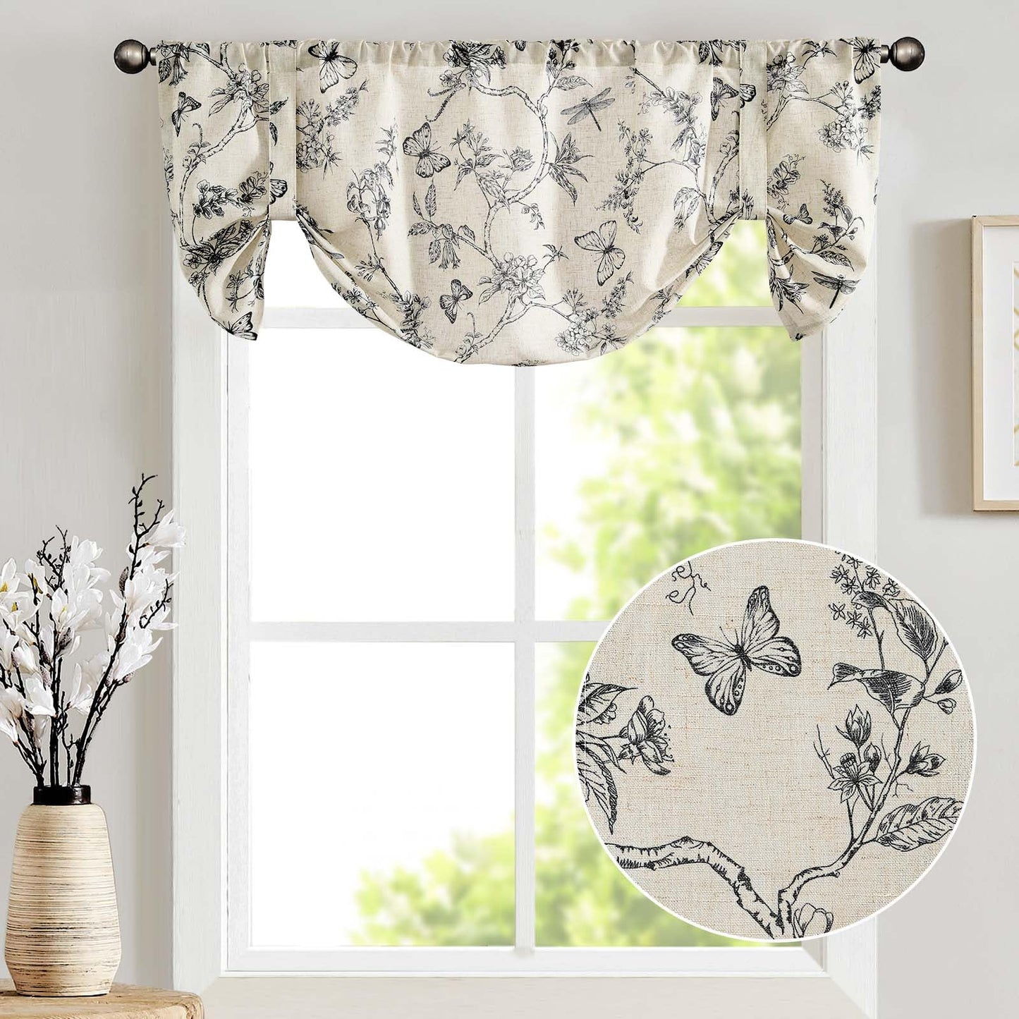 Lazzzy Kitchen Tie Up Valance Curtain Linen Floral Farmhouse Valance for Living Room Bathroom Bedroom Country Valances Window Treatments Small Cafe Curtian 20 Inch Rod Pocket 1 Panel Black on Beige