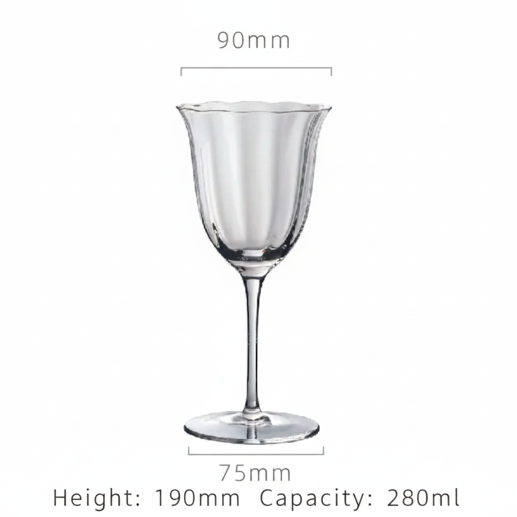 Clear glass goblet with dimensions on a white background