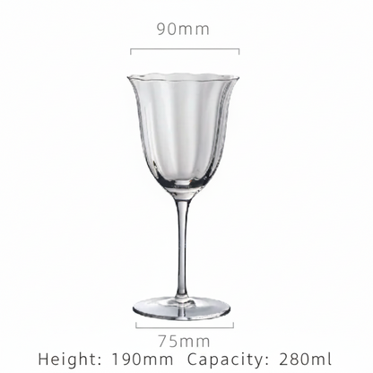 Clear glass goblet with dimensions on a white background