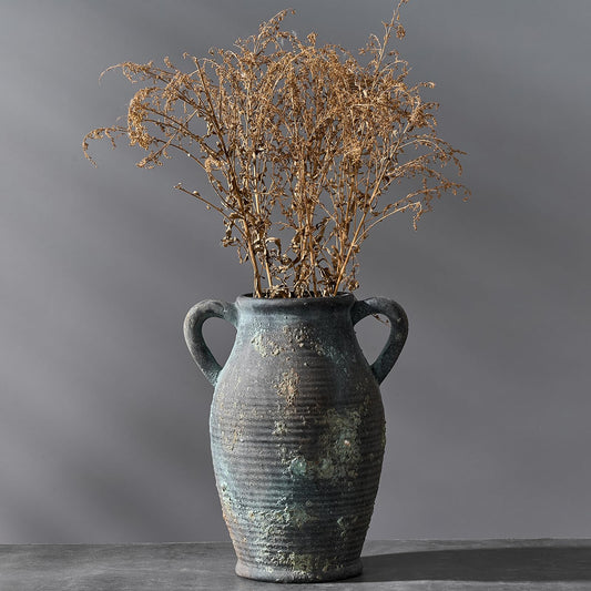 Large Ceramic Rustic Flower Vase with 2 Handles - 9.8 inch Distressed Terracotta Vase