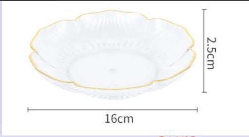 White ceramic plate with gold rim and dimensions on a white background