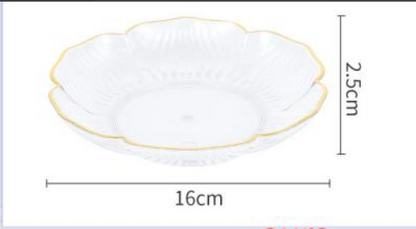White ceramic plate with gold rim and dimensions on a white background