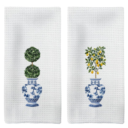 Dish/Hand Towels - Blue and White Porcelain Vase Design