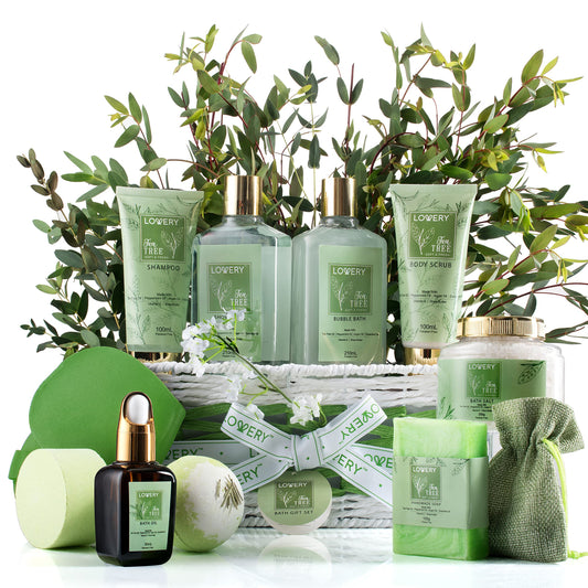 Tea Tree Bath Set - Luxury Home Spa Set with Calming Mint Fragrance – 15 pc Relaxation Gift Basket Tea Tree Bath OilShower Gel Bubble Bath Handmade Soap Steamer Tablet Potpourri & More