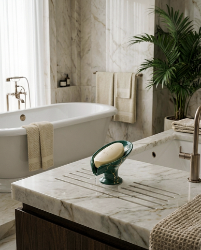 Luxury marble bathroom with a freestanding tub, modern vanity, and a unique green ceramic soap dish.